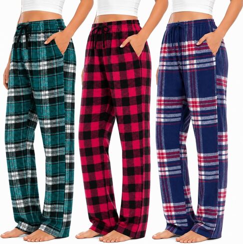 Pajama Pants for Women - 3 Pack Pajama Bottoms - Cotton Blend Flannel Plaid Lounge Pants, Comfortable PJ Pants in Kuwait