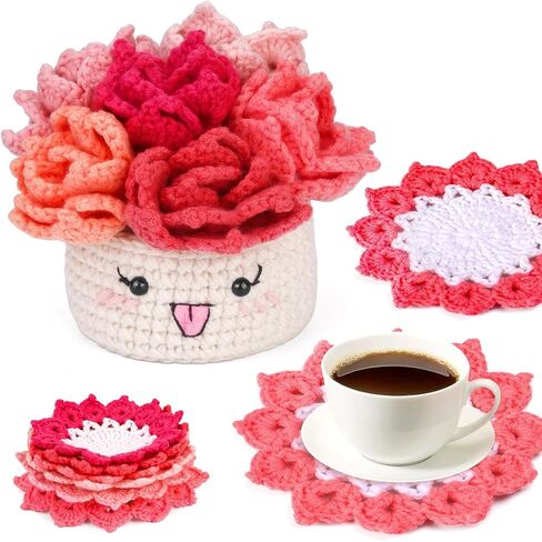 Hssugi Crochet Kit for Beginners 6PCS Potted Plant Coasters Crochet Kit in Kuwait