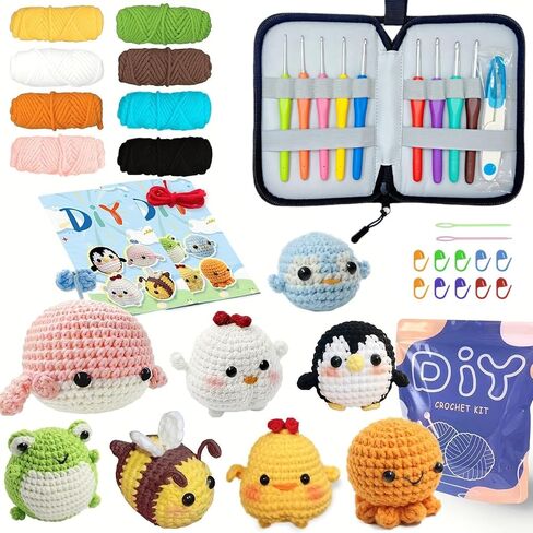 YAMAXIN Crochet Kit for Beginners Adults – 4PCS Animal Amigurumi Yarn Craft Kit with Hooks, Tools & Video Tutorials – DIY Crochet Starter Set (Chick, Whale, Penguin, Bee) in Kuwait