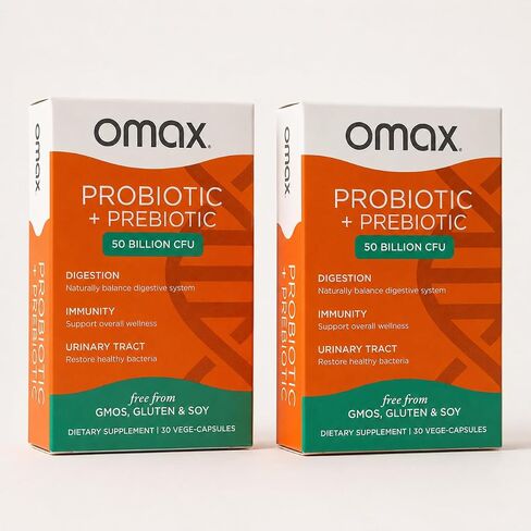 Omax3 Boxes Vegan Probiotic + Prebiotic Supplement Pills, 50 Billion CFU, 10 Clinically Studied Strains, Dairy-Free, Non-GMO, Blister Packed (90 Vege-Capsules) in Kuwait