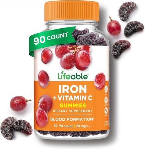 Lifeable Iron Gummies with Vitamin C - 20 mg - Great Tasting Natural Flavor Gummy Supplement - Gluten Free Vegetarian GMO-Free Chewable - for Iron Deficiency - for Adults, Men, Women - 90 Gummies in Kuwait