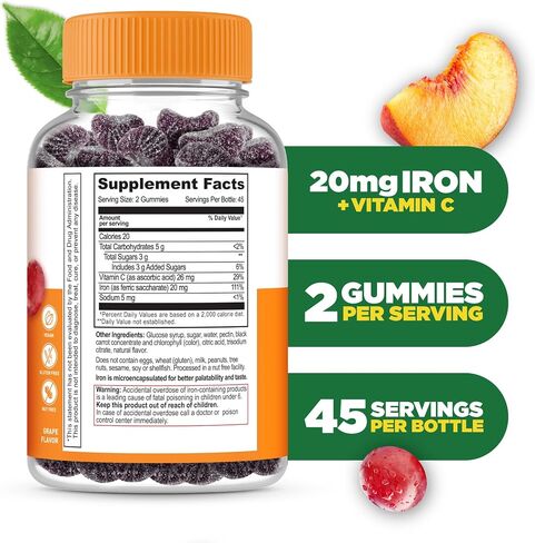 Lifeable Iron Gummies with Vitamin C - 20 mg - Great Tasting Natural Flavor Gummy Supplement - Gluten Free Vegetarian GMO-Free Chewable - for Iron Deficiency - for Adults, Men, Women - 90 Gummies in Kuwait