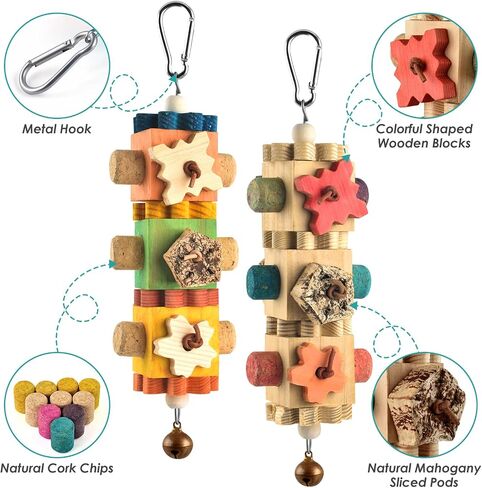 DBNESS 2 PCS Bird Toys, 10in Wooden Parrot Chew Toy with 12 Cork Stoppers Grinding & Boredom Relief Rotating Multicolored Foraging Toy for Parakeet Budgie Lovebird Cockatiel Conures in Saudi Arabia