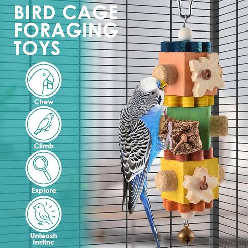 DBNESS 2 PCS Bird Toys, 10in Wooden Parrot Chew Toy with 12 Cork Stoppers Grinding & Boredom Relief Rotating Multicolored Foraging Toy for Parakeet Budgie Lovebird Cockatiel Conures in Saudi Arabia