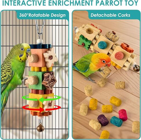 DBNESS 2 PCS Bird Toys, 10in Wooden Parrot Chew Toy with 12 Cork Stoppers Grinding & Boredom Relief Rotating Multicolored Foraging Toy for Parakeet Budgie Lovebird Cockatiel Conures in Saudi Arabia