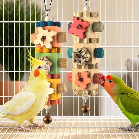 DBNESS 2 PCS Bird Toys, 10in Wooden Parrot Chew Toy with 12 Cork Stoppers Grinding & Boredom Relief Rotating Multicolored Foraging Toy for Parakeet Budgie Lovebird Cockatiel Conures in Saudi Arabia