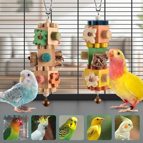 DBNESS 2 PCS Bird Toys, 10in Wooden Parrot Chew Toy with 12 Cork Stoppers Grinding & Boredom Relief Rotating Multicolored Foraging Toy for Parakeet Budgie Lovebird Cockatiel Conures in Saudi Arabia