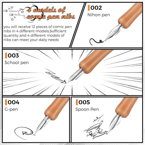 14Pcs Comic Pen Nib Set, G-Pen Ink Nib Stainless Steel Drawing Comic Pen Nib Calligraphy Nibs with Wooden Comic Pen Nib Holder for Writing, Painting, Signing in Saudi Arabia
