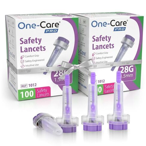 مشارط الأمان MediVena ONE-CARE PRO، زر الضغط العلوي المنشط، 28 جم × 1.5 مم، 100/bx، معقمة ولطيفة ومريحة لأخذ العينات in Kuwait