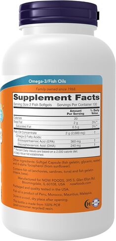 NOW Supplements, Omega-3 180 EPA / 120 DHA, Molecularly Distilled, Cardiovascular Support*, 200-Fish Gelatin Softgels,Packaging may vary in Kuwait