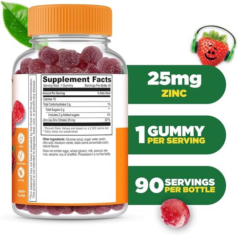 علكات الزنك القابلة للحياة للأطفال - 25 ملجم - مذاق رائع بنكهة طبيعية وفيتامينات مكملة - خالية من الغلوتين، نباتية خالية من الكائنات المعدلة وراثيًا، قابلة للمضغ - لدعم المناعة الصحية - للأطفال - 90 علكة in Kuwait