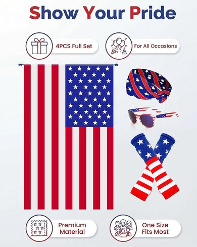 Hikkcos 4th of July زي العلم الأمريكي كيب العلم الأمريكي باندانا النظارات الشمسية الوطنية يوم الاستقلال حفلة الهالوين اكسسوارات وطنية للبالغين متعددة in Kuwait