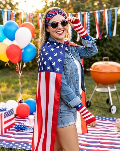 Hikkcos 4th of July زي العلم الأمريكي كيب العلم الأمريكي باندانا النظارات الشمسية الوطنية يوم الاستقلال حفلة الهالوين اكسسوارات وطنية للبالغين متعددة in Kuwait