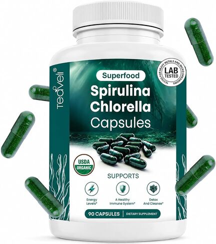 Organic Spirulina and Chlorella Capsules – 180 Chlorophyll Pills, Blue Green Algae Powder Capsules to Support Detox, Mitochondria & Energy– 3X More Chlorella Spirulina Powder/Serving in Kuwait