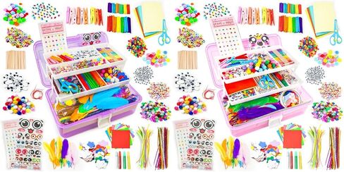 SMILESSKIDDO Arts Craft Supplies for Kids - 1100+ PCS Toddler DIY Craft Art Supply Set, Portable 3 Layered Folding Storage Box School Craft Projects - Gifts for Girls Ages 4-8, 8-12 in Kuwait