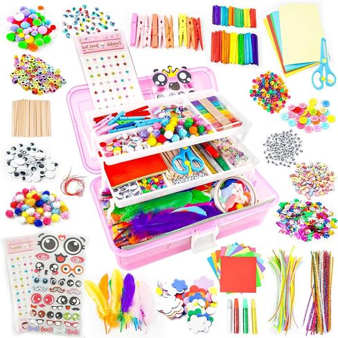 SMILESSKIDDO Arts Craft Supplies for Kids - 1100+ PCS Toddler DIY Craft Art Supply Set, Portable 3 Layered Folding Storage Box School Craft Projects - Gifts for Girls Ages 4-8, 8-12 in Kuwait