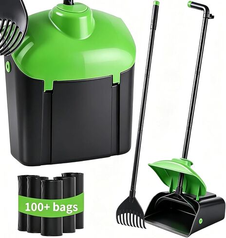 ienjoyed 40" Tall Dog Pooper Scooper with 100 Bags Attachment, Large Capacity Swivel Bin and Rake Metal Pole, Long Handle Pooper Scooper for Large Dogs, Dog Poop Scoop for Yard (Green) in Saudi Arabia