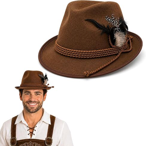 Adult Oktoberfest Brown Hat- German Bavarian Swiss Traditional Hats - Tyrolean Felt Lederhosen Costume Fedora with Feather in Kuwait