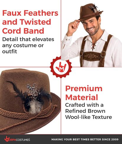 Adult Oktoberfest Brown Hat- German Bavarian Swiss Traditional Hats - Tyrolean Felt Lederhosen Costume Fedora with Feather in Kuwait