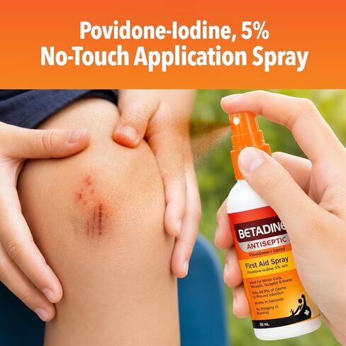Betadine Antiseptic First Aid Spray, Povidone-iodine 5%, Infection Protection, Kills Germs In Minor Cuts Scrapes And Burns, No Sting Promise, No Alcohol or Hydrogen Peroxide, 3 FL OZ in Saudi Arabia