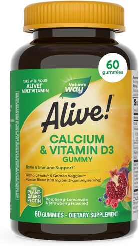Nature's Way Premium Calcium + Vitamin D3 Gummy with Orchard Fruits & Garden Veggies Powder Blend, Strawberry and Raspberry Lemonade Flavored, 60 Gummies in Kuwait