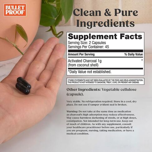 Bulletproof Activated Charcoal, 100% Coconut, Heartburn and Gas Relief, 90 Capsules in Kuwait