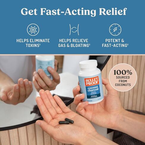 Bulletproof Activated Charcoal, 100% Coconut, Heartburn and Gas Relief, 90 Capsules in Kuwait