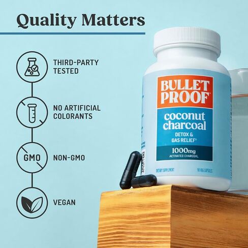 Bulletproof Activated Charcoal, 100% Coconut, Heartburn and Gas Relief, 90 Capsules in Kuwait