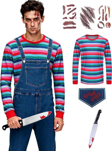 زي Tuoweey Halloween Chucky للرجال رعب قوس قزح مخطط تي شيرت كاجوال بأكمام طويلة in Kuwait