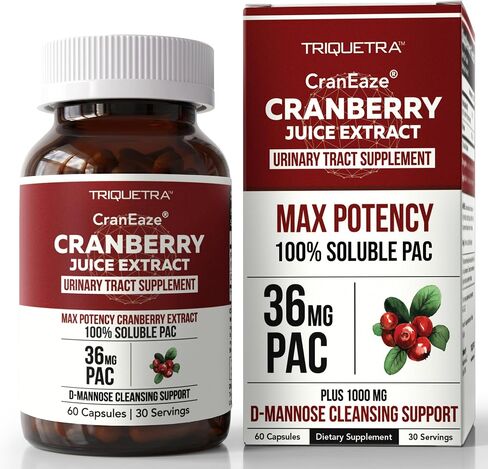 CranEaze®: Cranberry Juice Extract Plus D-Mannose – 36 mg PAC, 100% Soluble PAC - Supports Urinary Tract Health – Most Effective Cranberry Pills for Women, UTI Cranberry Supplement - 60 Capsules in Kuwait
