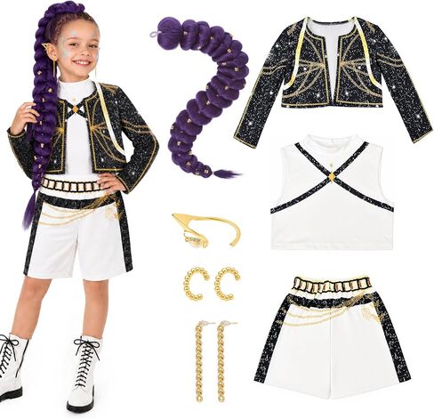 Girls Halloween Costume, Pop Singer Costume, Top Pants with Purple Braid for Cosplay Birthday Party, 4-12 Years in Saudi Arabia