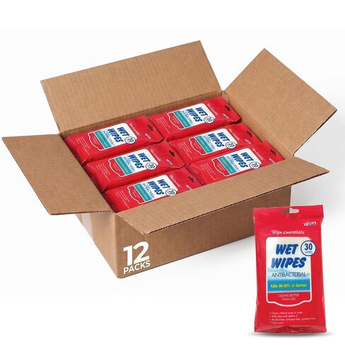 WipeEssentials Hand Wipes, Alcohol-Free with Aloe Vera and Vitamin E - 360 wipes - 12 Packs of 30ct Wipes for Adults and Kids, Travel Essentials in Saudi Arabia