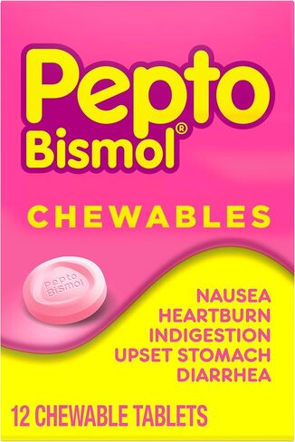 Pepto Bismol Chewable Tablets for Nausea, Heartburn, Indigestion, Upset Stomach, and Diarrhea - 5 Symptom Fast Relief, Original Flavor 12 ct in Saudi Arabia