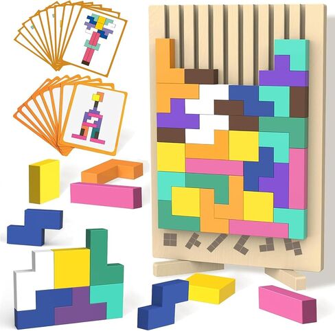 Wooden Block Puzzle Montessori Toys, Colorful Stacking Game Brain Teaser Puzzles for Toddlers and Kids with 20 Cards, Educational Wooden Toy Gifts for 3 4 5 6 7 8 Year Old Boys and Girls in Saudi Arabia