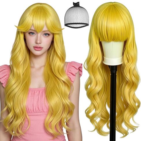 Anogol Hair Cap+Synthetic Wigs Blonde Cosplay Wig With Bangs Long Straight Hair For Daily Life For Halloween Cosplay Party Wig For Christmas Wig in Kuwait
