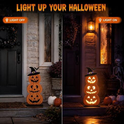 Halloween Decorations LED Lights Halloween Block Wooden Pumpkin Lights Up Decor Farmhouse Rustic Sign for Table Centerpieces, Home, Tabletop Tiered Tray, Mantle in Kuwait