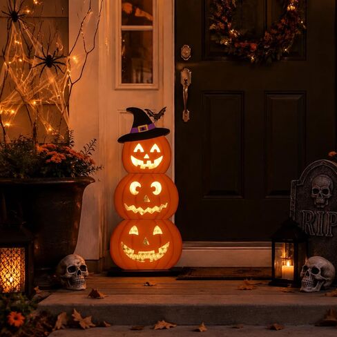 Halloween Decorations LED Lights Halloween Block Wooden Pumpkin Lights Up Decor Farmhouse Rustic Sign for Table Centerpieces, Home, Tabletop Tiered Tray, Mantle in Kuwait