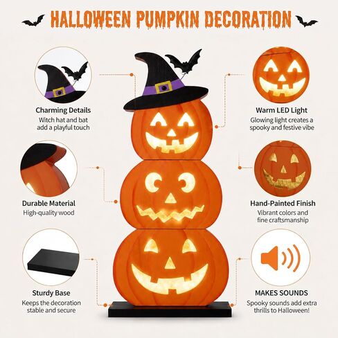 Halloween Decorations LED Lights Halloween Block Wooden Pumpkin Lights Up Decor Farmhouse Rustic Sign for Table Centerpieces, Home, Tabletop Tiered Tray, Mantle in Kuwait