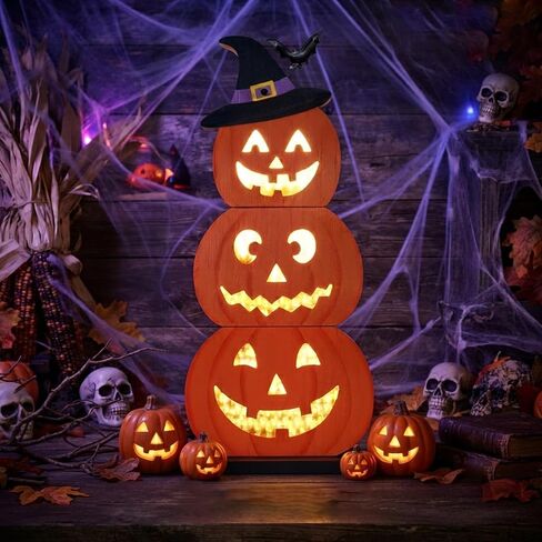 Halloween Decorations LED Lights Halloween Block Wooden Pumpkin Lights Up Decor Farmhouse Rustic Sign for Table Centerpieces, Home, Tabletop Tiered Tray, Mantle in Kuwait