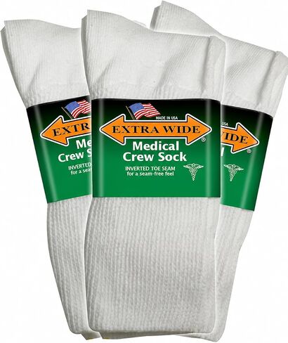 Extra Wide Medical Mid Calf Crew (Pack of 3), Diabetic Socks, Made in USA, for Men and Women (Large, White) in Saudi Arabia