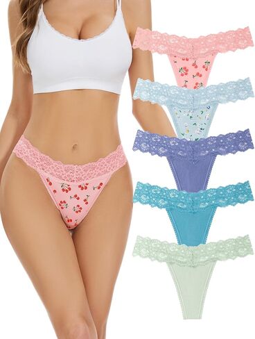 voenxe Seamless Lace Thongs for Women No Show Thong Underwear,Lady Breathable Comfort Panty Soft Laser Cut Undie,Tanga,5-Pack in Kuwait