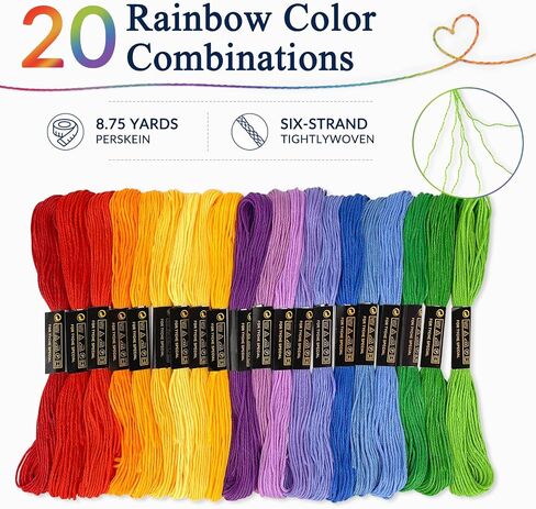 LNAUJS 20 Pack Rainbow Embroidery Thread, 6 Strands 8.75 Yards Cotton Blend Sewing Floss in Saudi Arabia
