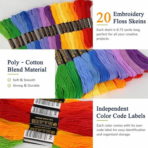 LNAUJS 20 Pack Rainbow Embroidery Thread, 6 Strands 8.75 Yards Cotton Blend Sewing Floss in Saudi Arabia
