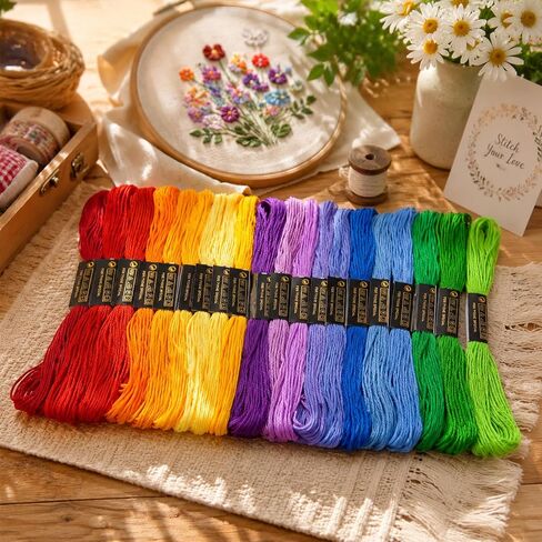 LNAUJS 20 Pack Rainbow Embroidery Thread, 6 Strands 8.75 Yards Cotton Blend Sewing Floss in Saudi Arabia