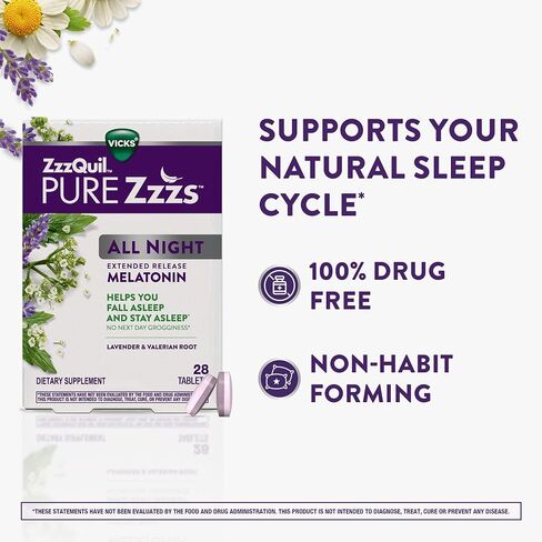 ZzzQuil PURE Zzzs طوال الليل، إصدار ممتد، أقراص الميلاتونين للمساعدة على النوم، تساعدك على البقاء نائمًا لفترة أطول، للبالغين، 2 مجم لكل قرص، 28 قطعة (عبوة من قطعتين) in Saudi Arabia