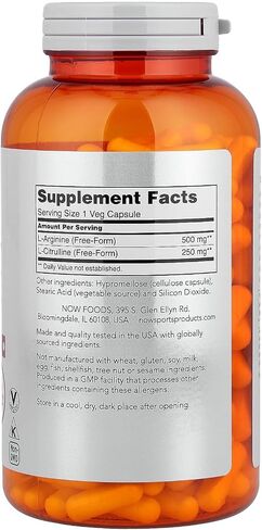 NOW Sports Nutrition, Arginine & Citrulline 500 mg/ 250 mg, Amino Acids, 240 Veg Capsules in Kuwait