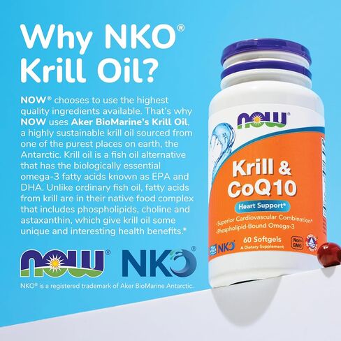 NOW Supplements, Krill & CoQ10, Phospholipid-Bound Omega-3, Heart Support*, 60 Softgels in Kuwait