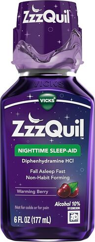 ZzzQuil، سائل مساعد على النوم أثناء الليل، 50 مجم ديفينهيدرامين حمض الهيدروكلوريك، العلامة التجارية رقم 1 للمساعدة على النوم، سريع النوم، غير معتاد، نكهة التوت الدافئة، 6 أونصة سائلة in Kuwait