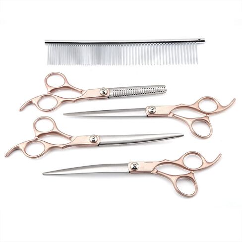 7 Inch Pet Grooming Scissors Set 4PCS Gold Handle Stainless Steel Shear with Comb and PU Leather Bag for Long Hair Cats Dogs in Kuwait