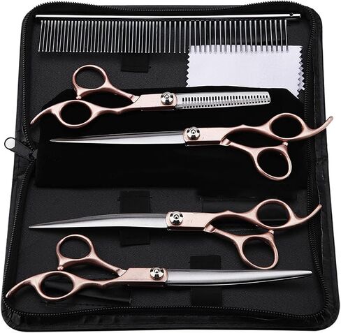 7 Inch Pet Grooming Scissors Set 4PCS Gold Handle Stainless Steel Shear with Comb and PU Leather Bag for Long Hair Cats Dogs in Kuwait